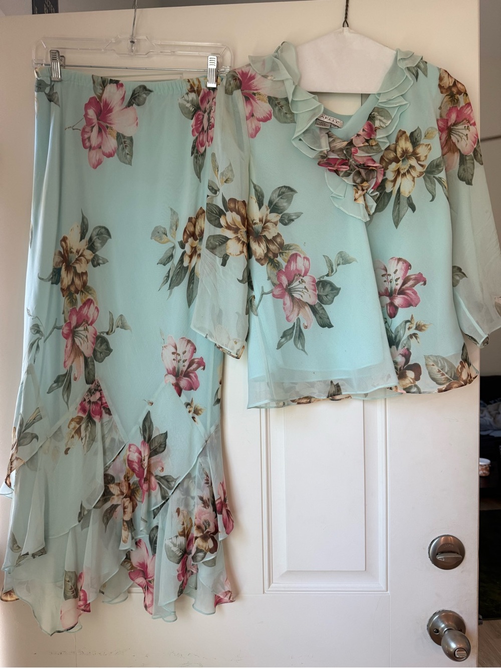 Mint Floral Two-Piece Ruffled Blouse & Skirt Set